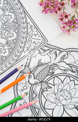 Buntstifte auf malbuch Seite Stockfoto