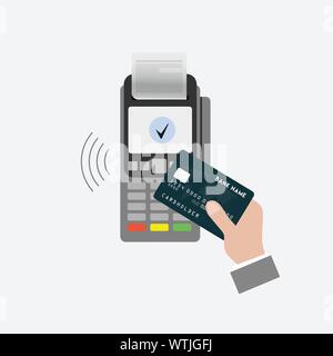 Isometrische POS-Terminal bestätigt die Bezahlung per Lastschrift Kreditkarte. Vector Illustration im flachen Design. nfc Zahlungen Konzept Stock Vektor