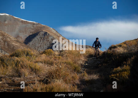 Mädchen Mountain Biking in der Nähe von Torhüter Skifield, Neuseeland Stockfoto