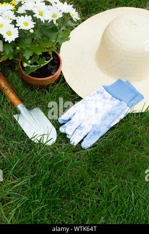 Eingemachte Blumen und Garten Handschuhe und Mütze auf Gras Stockfoto