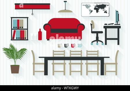 Flache Business Boardroom Möbel Symbole mit Computern - Alle lange Schatten auf einem Layer - Enthält Mischungen Stock Vektor