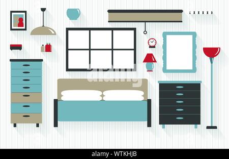 Schlafzimmer Möbel mit Schubladen und einem Flachbild Symbole - Alle lange Schatten auf einem Layer - Enthält Mischungen Stock Vektor