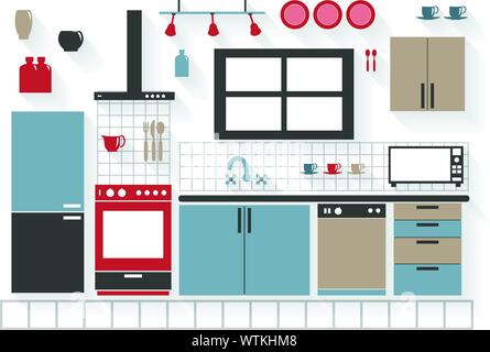 Flache Symbole Küchenmöbel mit Geräten und Schränken - Alle lange Schatten auf einem Layer - Enthält Mischungen Stock Vektor