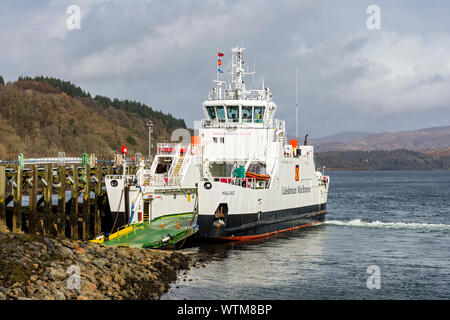 Der Caledonian MacBrayne Autofähre, die MV Hallaig, Lochaline, Morvern, Schottland, Großbritannien. Verbindet mit Fishnish auf der Isle of Mull. Stockfoto