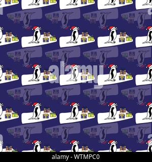 Cute winter Muster Hintergrund mit Schneemänner, Pinguine mit Nikolausmützen und bunten präsentiert auf einem dunkelblauen Hintergrund. Stock Vektor