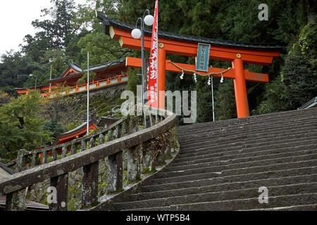 SHINGU, Japan - 27. Oktober 2007: Die Steintreppe, die bis zu den torii Tor am Eingang zum kumano Hayatama Taisha Shinto Schrein. Wakayama. Stockfoto