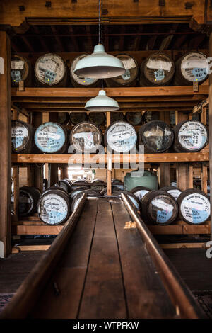 Ausblick Um die Steampunk Straßen der Küstenstadt Oamaru, North Otago, Neuseeland. Stockfoto