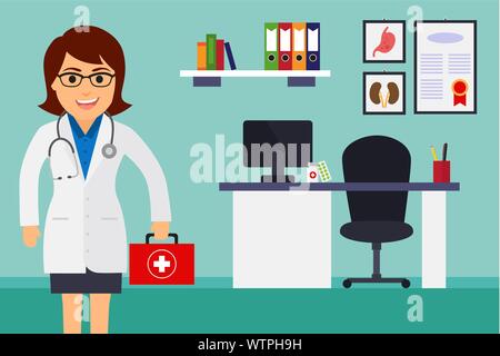 Medical Office. Ärztin mit einer medizinischen Aktentasche. Vector Illustration Stock Vektor