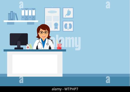 Medical Office. Frau Doktor am Schreibtisch sitzen. Vector Illustration Stock Vektor