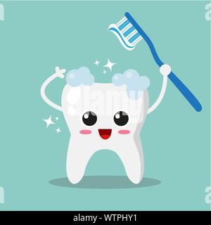 Nett, lächelnd und glücklich Zahn Putzen mit der Zahnbürste und Zahnpasta. Vector Illustration. Stock Vektor
