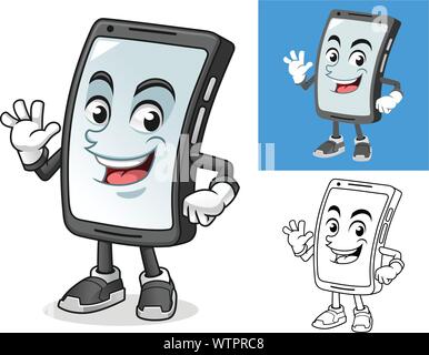 Smartphone mit winkende Hand Zeichentrickfigur Maskottchen Abbildung, einschließlich Flachbild und Schwarzen und Weißen Designs, Vector Illustration. Stock Vektor