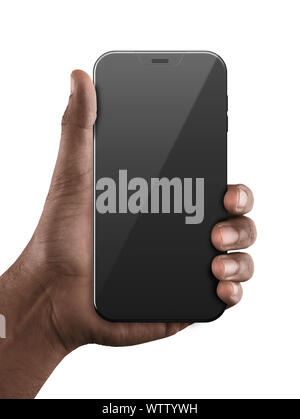 Eine schwarze Hand mit einem generischen leer Smartphone in einer Demonstration Geste auf einem isolierten weißen Hintergrund Stockfoto