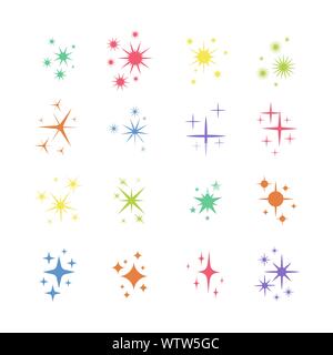 Der Vektor Sterne, funkeln Symbole. Sammlung von hellen Feuerwerk, Twinkles, glänzend blinken. Leuchtende Lichteffekt Sterne und platzt. Stock Vektor