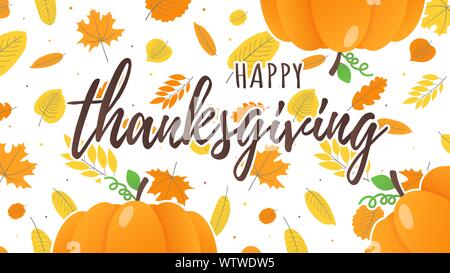 Happy Thanksgiving Day Flat Style Design poster Vector Illustration mit grossen Kürbisse und Blätter im Herbst. Feiern Feiertage Stock Vektor