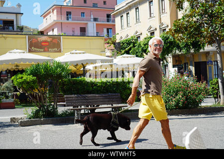 Ein Lächeln auf den Lippen, entspannt Älterer in der gelben Shorts und khaki Polo drehen in Richtung Kamera, zu seinem Hund. Tropea, Kalabrien, Italien im August 2019. Stockfoto