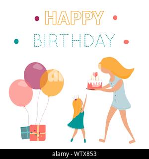 Geburtstag Grußkarte mit Mutter, Tochter Stock Vektor