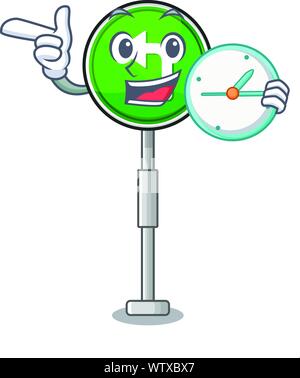 Mit Uhr biegen Sie links Cartoon auf Seite Maskottchen Straße Stock Vektor