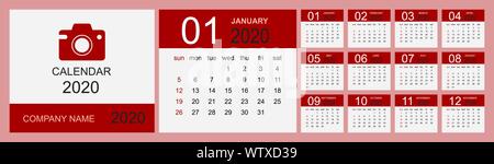 Kalender 2020. Schreibtisch Vorlage Kalender. Set mit 12 Monaten, Planer, Woche beginnt am Sonntag. Vector Illustration Stock Vektor