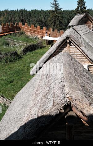 Luftaufnahme auf die strohgedeckten Dächer von primitiven Hütten Slawen lebten in im frühen Mittelalter im Museum der slawischen Mythologie" Grodzisko hillfort Owidz" in Po Stockfoto