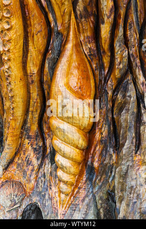 Detail aus einem grossen hölzernen Skulptur (Baum des Lebens) von einem toten Baum außerhalb der Ecke von St. Anne's Park, in der Nähe von Bull Island, Raheny, Irland Stockfoto