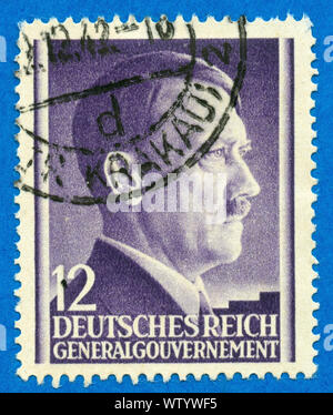 Deutschland - ca. 1942: Ein Deutschland Briefmarke zeigt Porträt von Adolf Hitler, circa 1942. Stockfoto