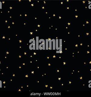 Goldfolie Sterne Vektor nahtlose Muster. Hand gezeichnet doodle Sterne auf Schwarz. Sternenhimmel Hintergrund. Golden metallische festlichen Hintergrund. Sternschnuppen Stock Vektor