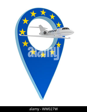 Eigenes Flugzeug mit Pin navigation Flagge Europa. 3D-Rendering Stockfoto