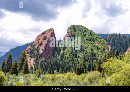 Rock gebrochenes Herz in der jeti Oguz Schlucht Kirgisistan ist mit Nadelwald bedeckt. Stockfoto