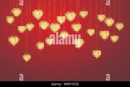 Übergabe glänzend Gold Glitter glühende Herzen auf rotem Hintergrund isoliert. Valentines Tag Hintergrund. Vector Illustration. Stock Vektor