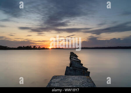 Sonnenuntergang über den Hafen von Poole am Dornstrauch Bay, Teil von Studland Nature Reserve. Stockfoto