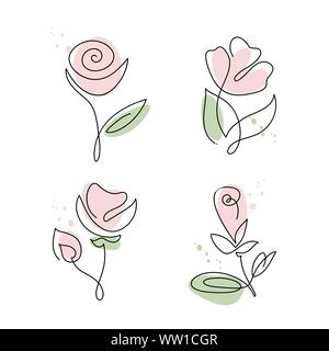 Satz von kontinuierlichen Linie Handzeichnung kalligrafischen Vektor Blume Rose. Bundle Konzept logo Schönheit. Monoline-versicherer spring Floral Design Element in minimaler Stock Vektor