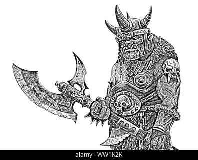 Ork mit Axt. Fantasy schwarz weiss Zeichnung. Barbar Kreatur Abbildung. Stockfoto