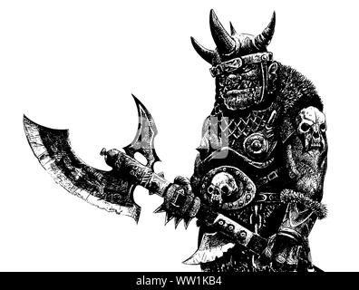 Ork mit Axt. Fantasy schwarz weiss Zeichnung. Barbar Kreatur Abbildung. Stockfoto