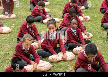 London, UK, 12. September 2019 Das Britische Rote Kreuz Hosts eine Demonstration von 100 Schulkindern die Durchführung von Erste Hilfe außerhalb der Häuser des Parlaments die Verwirklichung der erste erste Hilfe in der Schule Credit Ian DavidsonAlamy Leben Nachrichten zu markieren Stockfoto