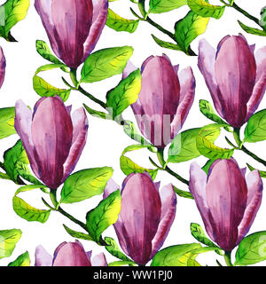 Aquarell von Hand gezeichnet magnolia flower mit rosa Blume und grüne Blätter nahtlose Muster auf weißem Hintergrund Stockfoto