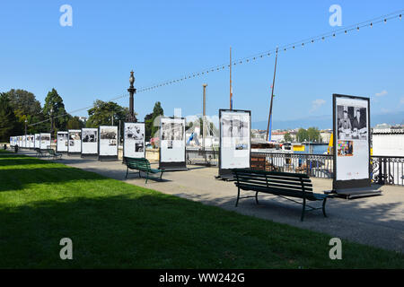 Genf, Schweiz - 29 AUGUST 2019. Outdoor Ausstellung zu den Arbeiten am Ufer des Genfer See, Genfer Hafen, Schweiz Stockfoto