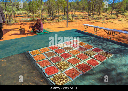 Der Kings Creek Station, Northern Territory, Australien - 21 Aug, 2019: Vielzahl bunt Bush Samen an Karrke Aboriginal Cultural Experience Tour gesammelt Stockfoto