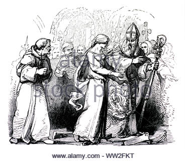 Königin Emma von der Normandie, Ehefrau von König Canute und angelsächsischem König Æthelred der Unbereit, Spaziergang über rot heiße Pflugscharen, Vintage Illustration von 1850 Stockfoto