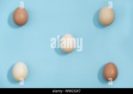 Ansicht von oben - fünf Eier isoliert auf blauem Hintergrund, Ei ist vorteilhaft für den Körper, Essen Konzept. Stockfoto