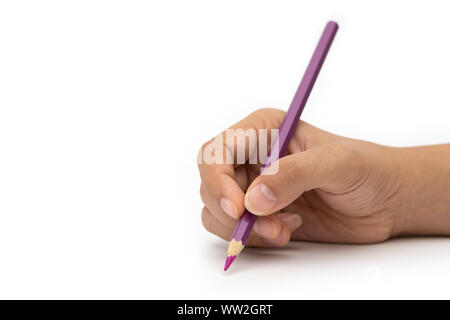 Weibliche hand mit bunten Stift auf weißem Hintergrund. Stockfoto