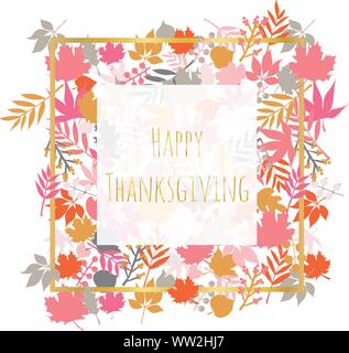Danksagung Karte mit Herbst abstrakte doodle Blätter Hintergrund. Thanksgiving template Design im skandinavischen Stil mit Blattmuster. Rot Rosa gold Stock Vektor