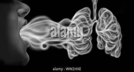 Vaping und Lungenerkrankungen Gesundheitsrisiko als Person ausatmen Dampf Rauch oder Dampf als menschliche Lunge von einem elektronischen Zigarette in einem 3D-Bild geformt. Stockfoto