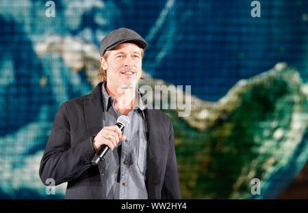 Schauspieler Brad Pitt nimmt an der Pressekonferenz für seinen Film "Ad Astra" am 12. September 2019, an Miraikan in Tokio, Japan. Der Film öffnet sich am 20. September in Japan. Stockfoto