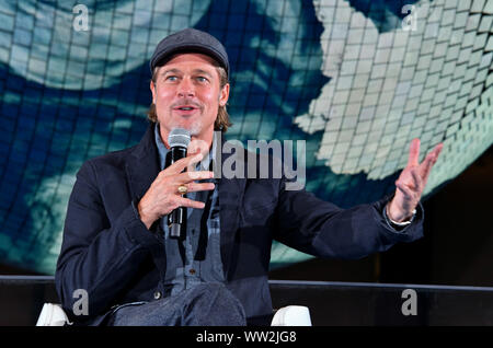 Tokio, Japan. 12 Sep, 2019. Schauspieler Brad Pitt nimmt an der Pressekonferenz zum Film "Ad Astra" im Nationalmuseum von aufstrebenden Wissenschaft und Innovation "iraikan" in Tokio, Japan, findet am Donnerstag, 12. September 2019. Foto von keizo Mori/UPI Quelle: UPI/Alamy leben Nachrichten Stockfoto