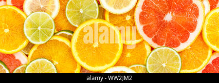 Zitrusfrüchte Sammlung essen Hintergrund banner Orangen Zitronen Limonen, Grapefruit frisches Obst Hintergründe Stockfoto