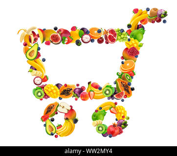 Lebensmittelgeschäft Trolley aus frischen fallende Früchte und Beeren auf weißem Hintergrund Stockfoto