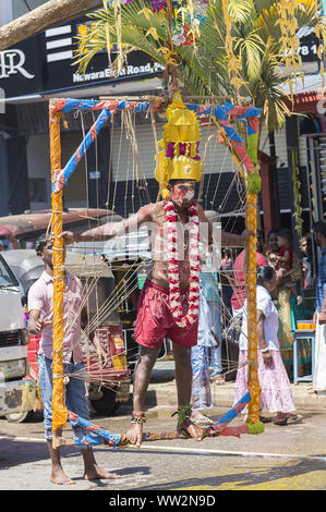 Pussellawa, Sri Lanka, 20.03.2019: Hindu Festival der Thaipusam - Body Piercing Rituale unter dem Blut Mond. Devotee hängen durch Haut Stockfoto