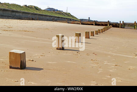 Eine Linie der alten groyne Beiträge oben Strand bei Warenkorb Lücke, Happisburgh, Norfolk, England, Vereinigtes Königreich, Europa zeigt. Stockfoto