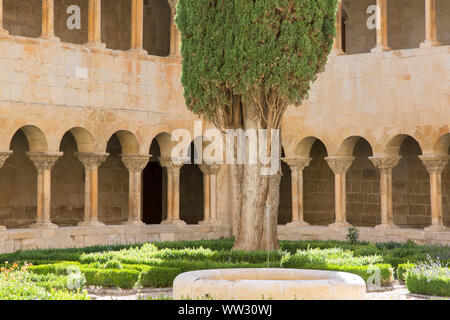 Kreuzgang und Cypress Tree, Kloster, Santo Domingo de Silos, Burgos, Spanien Stockfoto