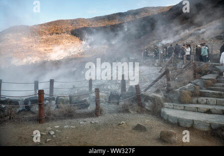 Yokosuka, Japan - Dezember 01, 2007: Starke Ausbrüche von Rauch und Schwefel kann bis gesehen in der Nähe der gut instand gehaltenen Gebieten der vulkanischen Tal. Stockfoto